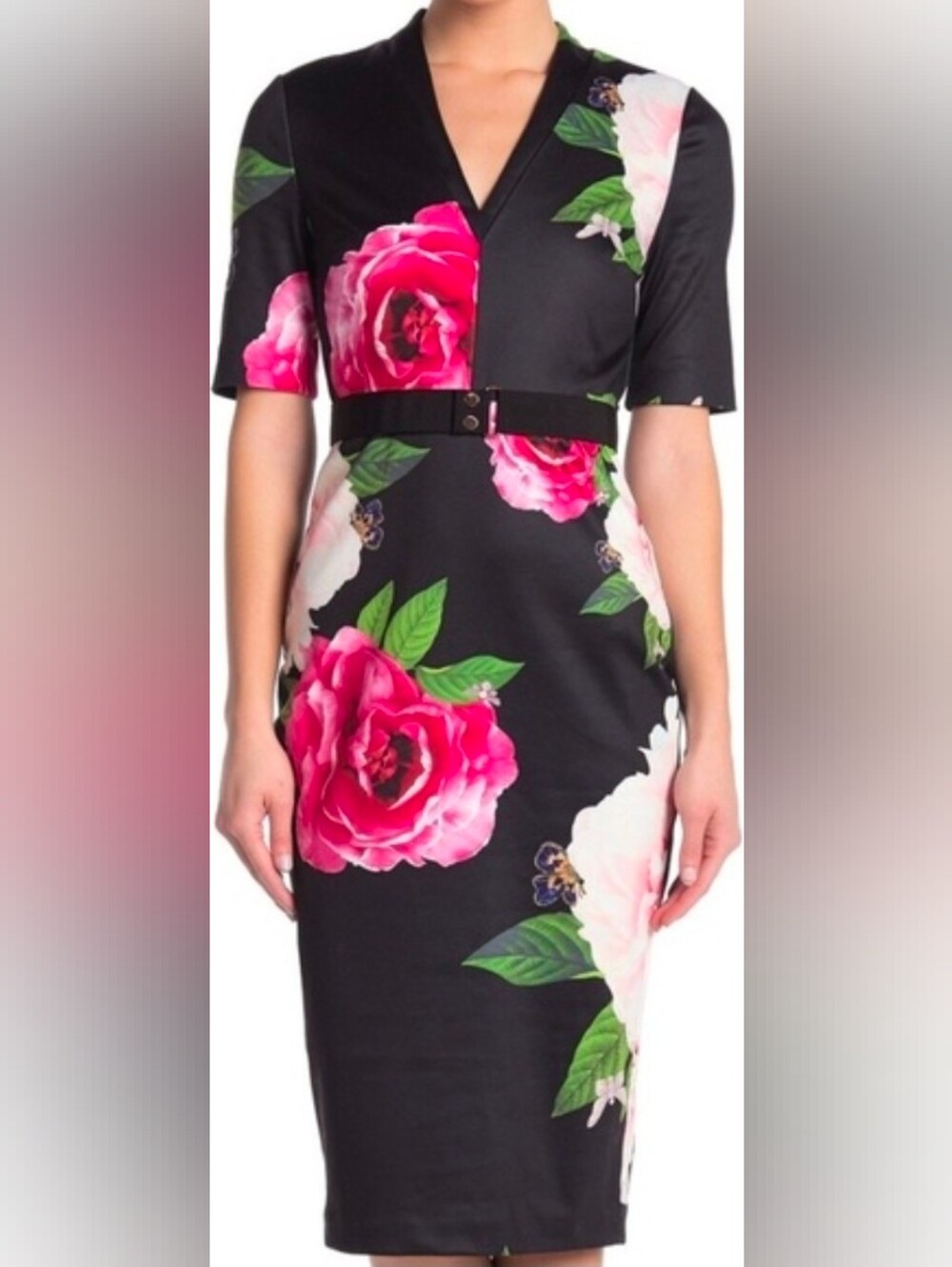 Ted Baker Floral V-Neck Sheath Dress in Black and Pink, Size 4 (10)